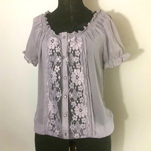 EYELASH SHEER BLOUSE TOP OPEN LACE SZ XS